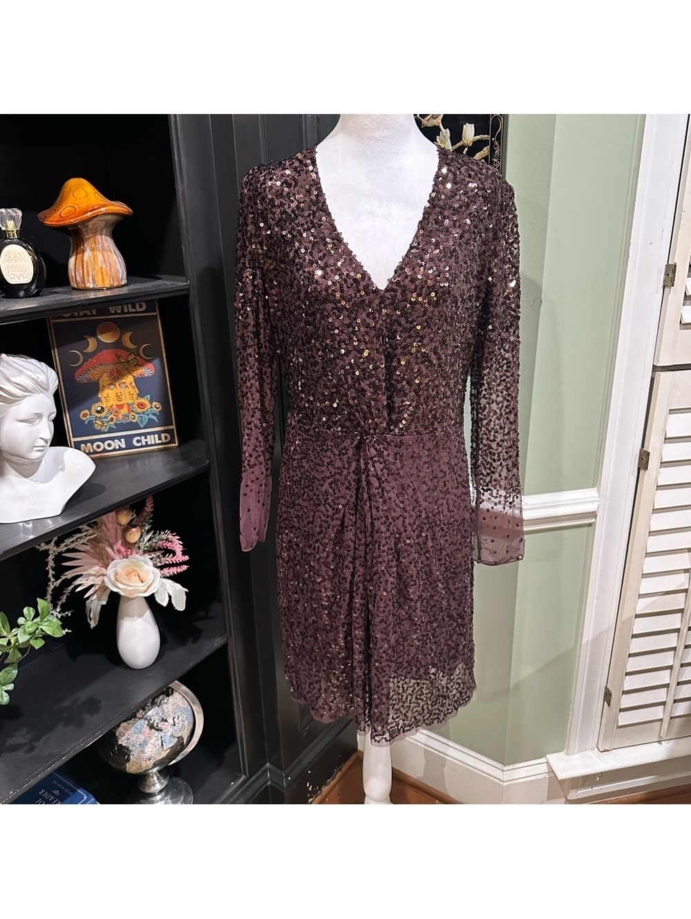 French Connection Emille Sparkle Sequin Wrap Dress – Decadence Plum – Size 10 (N